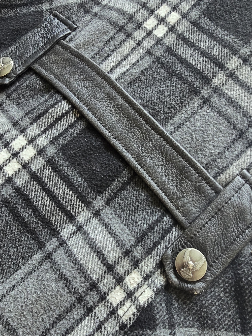 Harley-Davidson Black & Gray Plaid Pea Coat with Leather Collar - Picture 9 of 10